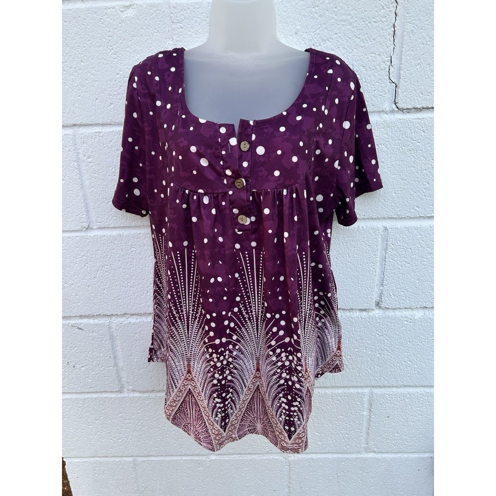 Maroon Polka Women's Short Sleeve Blouse Top XL Cotton Soft Cool Flattering